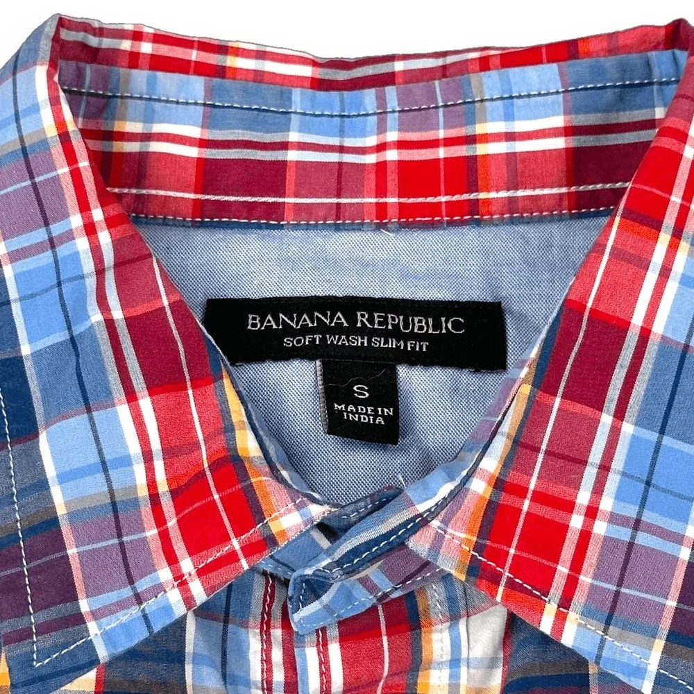 Banana‎ Republic Shirt Mens Small S Blue Plaid Slim Fit Long Sleeve Button Down